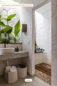 baño con lavabo y 2 plantas en Casinha da Vila Taíba com piscina, en Taíba