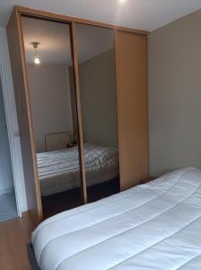 1 dormitorio con espejo y 1 cama. en Apparthaubourdin, en Haubourdin