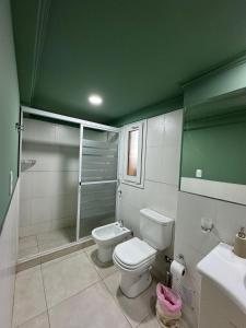 een groene badkamer met een toilet en een douche bij Dpto, 4 Estaciones I in El Bolsón +2 foto's
