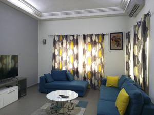 a living room with two blue couches and a tv at RG Résidences in Cotonou