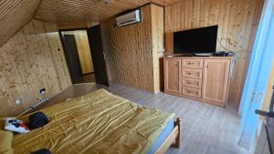 a bedroom with a bed and a tv on a cabinet at Reni Home Apartman in Balatonendréd