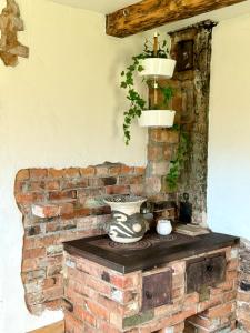 a brick wall with a vase on a table at PLŪSME Restart House in Lielstraupe