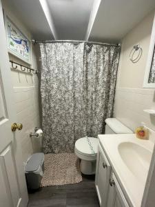 a bathroom with a shower with a toilet and a sink at 2bed, 15bath, Multi-level Townhouse, Sleeps 6 in Cambridge