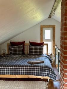 a bedroom with a bed with a blue and black checked comforter at PLŪSME Restart House in Lielstraupe