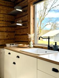 a kitchen with a sink and a window at PLŪSME Restart House in Lielstraupe +74 photos