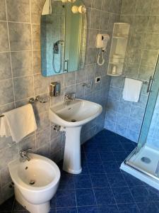 ein Badezimmer mit einem Waschbecken, einem WC und einem Spiegel in der Unterkunft Hotel La Pineta in Cogoleto