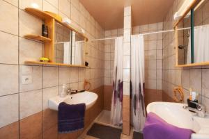 a bathroom with two sinks and a shower at La Ruche in La Bresse