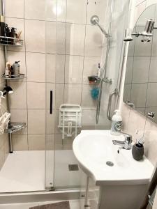 uma casa de banho com um chuveiro e um lavatório. em Villa de 4 chambres avec jardin clos et wifi a Elancourt em Élancourt