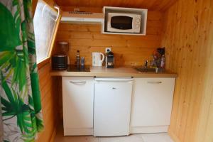 a small kitchen with a sink and a microwave at La cabane de Robinson à 500m de la plage in Lacanau
