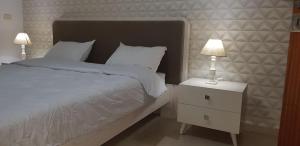 a bedroom with a bed and a nightstand with two lamps at Charming and Cosy Apartment close to TUNISIA MALL Lac2 Tunis in Tunis