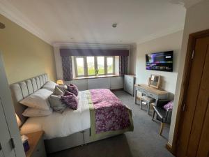 a bedroom with a bed and a desk and a television at The Manor Boutique Hotel Restaurant and Bar in Conwy