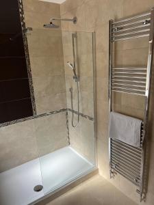 a shower with a glass door in a bathroom at The Manor Boutique Hotel Restaurant and Bar in Conwy
