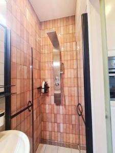 La salle de bains est pourvue d'une douche, de toilettes et d'un lavabo. dans l'établissement Magnolia Pink Studio New and fully equipped, à Bruxelles
