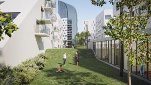a rendering of two people standing in the grass in front of a building at Superbe appartement neuf à Liège Guillemins in Liège