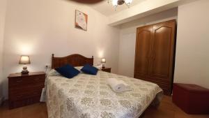 een slaapkamer met een bed met blauwe kussens bij Calle San Pablo y Plaza Mayor in Salamanca