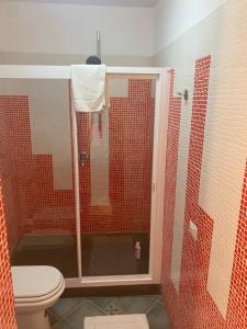 a bathroom with a shower with a toilet and red tiles at HIERA CASAVACANZE in Marettimo