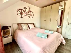 a bedroom with a large bed with a bike on the wall at Appartement centre ville Milly-la-Forêt in Milly-la-Forêt