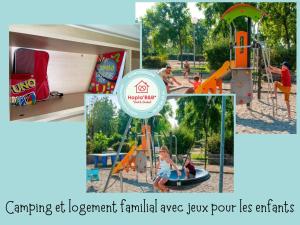 eine Collage mit Fotos eines Parks mit Spielplatz in der Unterkunft Le Gewurz - Bungalow climatisé avec TV pour 5 in Boofzheim