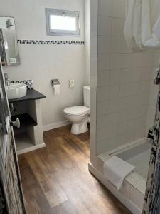 a bathroom with a toilet and a sink and a shower at Hôtel Paradis in Bormes-les-Mimosas