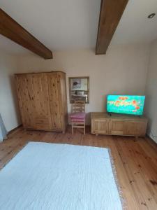 ein Wohnzimmer mit einem weißen Teppich und einem TV in der Unterkunft Gustiņi in Baltezers