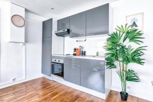 una cucina con armadi grigi e una pianta in vaso di Appartement Love près des Grands Magasins - 6P a Parigi