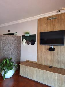 sala de estar con TV de pantalla plana en la pared en Hotel Recreio dos Bandeirantes, en Sertãozinho