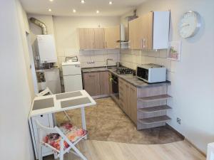 a kitchen with wooden cabinets and a counter top at Apartament w Centrum in Duszniki Zdrój