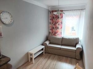 a living room with a couch and a window at Apartament w Centrum in Duszniki Zdrój +4 photos
