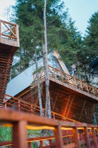 ein Baumhaus im Wald mit einer Brücke in der Unterkunft Montana Suite Bungalows in Akcaabat