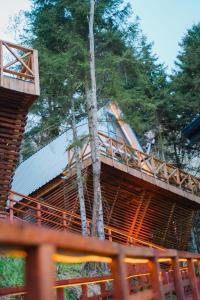 een boomhut in het bos met een brug bij Montana Suite Bungalows in Akcaabat
