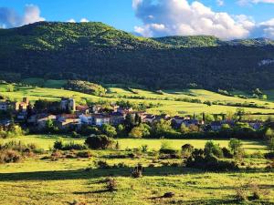 a small town in a field with a mountain at Cosy au pied du pic bugarach in Bugarach