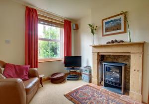 a living room with a fireplace and a television at Avocet Cottage in Dersingham