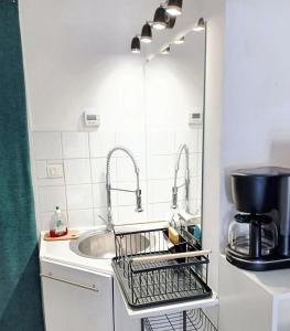 eine Küchenspüle mit einem Abtropfgestell daneben in der Unterkunft Studio cosy avec jardin, La Jarrie, 23m², piscine partagée in La Jarrie