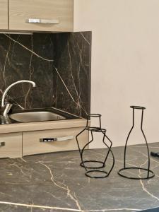 due sedie nere in cucina con lavandino di Al Centro del Centro Apartment by TraMonti a L'Aquila