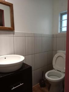 a bathroom with a sink and a toilet and a mirror at Edladleni Guesthouse Quigney in East London
