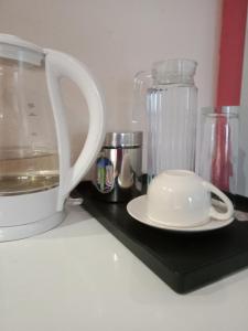 a kitchen counter with a blender and a white plate at Edladleni Guesthouse Quigney in East London