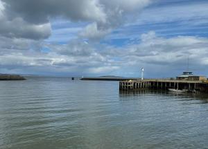 a dock on a body of water with a boat at IVI Granton Harbour Apartment in Edinburgh