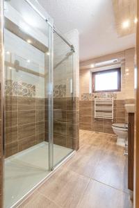 een glazen douche in een badkamer met een toilet bij Dworek pod Tatrami in Ząb