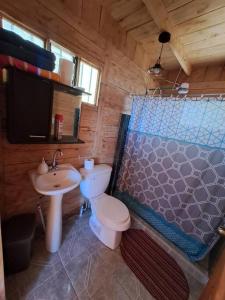 TV y baño con lavabo y aseo. en Cabaña Monarca – The BEST View in The Area!, en Jardín 55 fotos más
