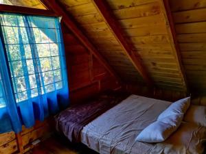 una cama en una habitación con dos ventanas en Cabaña Monarca – The BEST View in The Area!, en Jardín