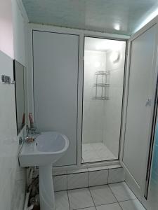 a white bathroom with a shower and a sink at Eagle House in Bosteri