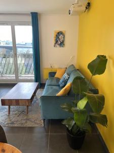 sala de estar con sofá azul y mesa en Nice apartment with balcony in Saint-Denis, en Saint-Denis