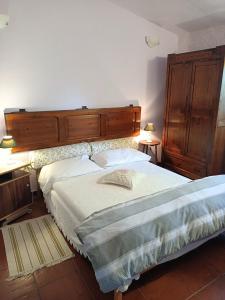 a bedroom with a large bed with a wooden headboard at Il Mandorlino Pitigliano appartamento in tipico casale maremmano con portico e giardino in Pitigliano +26 photos