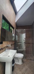 La salle de bains est pourvue d'un lavabo, de toilettes et d'une douche. dans l'établissement Casa Natura Prado, à Boquerón de Tena