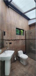 a bathroom with a sink and a toilet and a shower at Casa Natura Prado in Boquerón de Tena