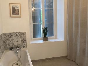 een badkamer met een bad en een raam en een plant bij La petite fermette in Saint-Maur