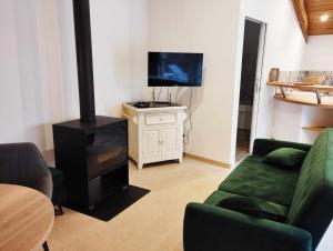 a living room with a stove and a couch and a tv at Domaine de Servières - le Studio in Le Caylar