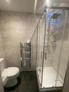 La salle de bains est pourvue de toilettes et d'une douche en verre. dans l'établissement House Next to the Station, à Watford