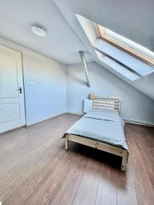 1 dormitorio con 1 cama en una habitación con tragaluz en Serbian House, en Timisoara