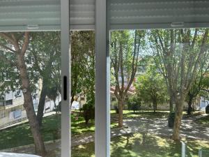 ein Fenster mit Blick auf einen Garten mit Bäumen in der Unterkunft Apartamento acolhedor em Queluz in Queluz